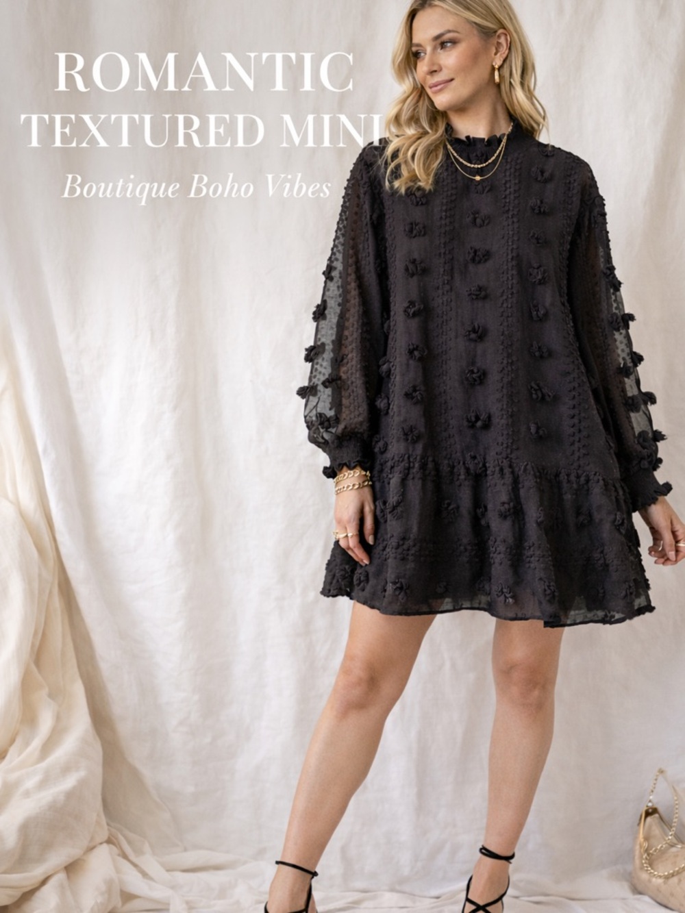 ENTRO Black Swiss Dot Textured Mini Dress Sheer Sleeve Boho Romantic
